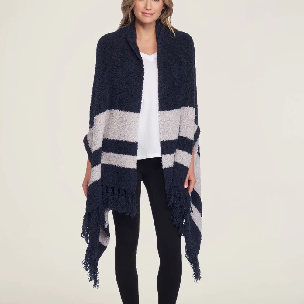 Barefoot Dreams CozyChic Malibu Soft Navy Blue Grey Taupe Striped Fringe Wrap